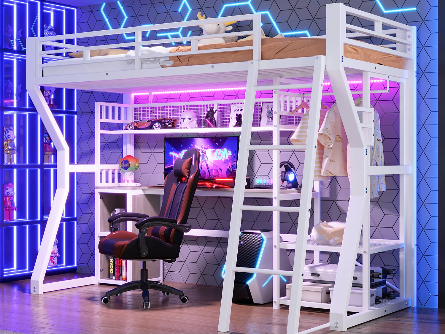 Lit mezzanine 90 x 200 cm - Structure en fer - Éclairage LED - Prise électrique + espace penderie - Bureau - Blanc (matelas non inclus)