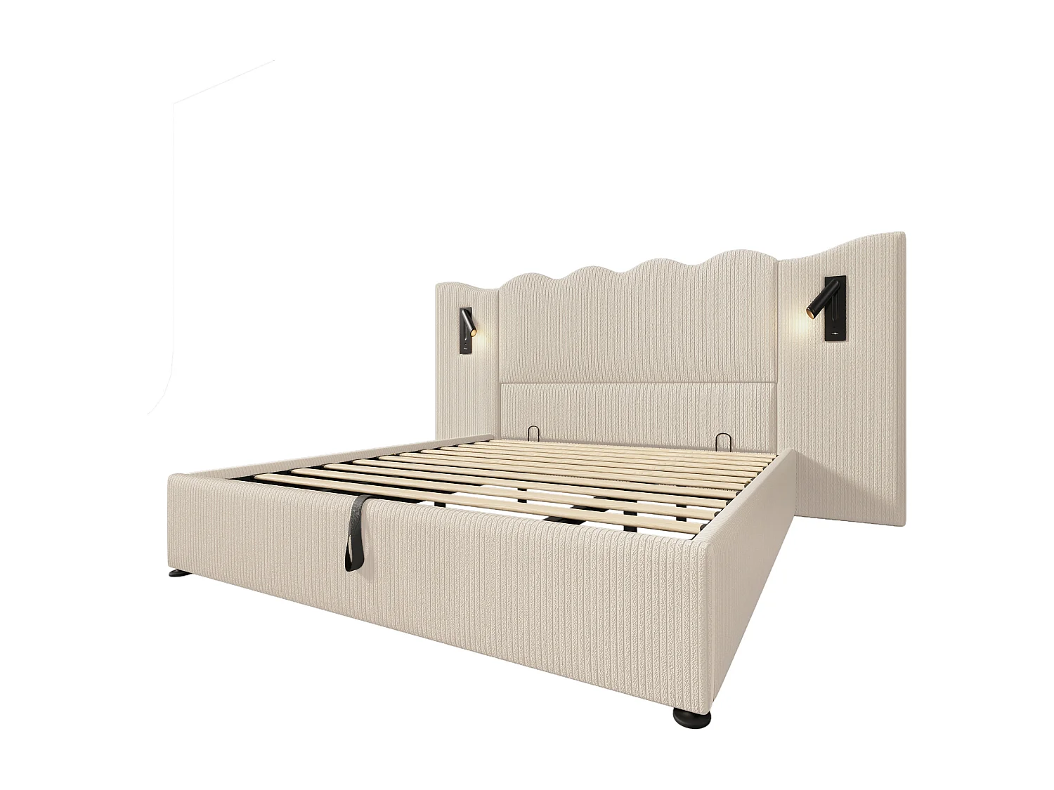 Łóżko tapicerowane dwuosobowe ze schowkiem - 180 x 200 cm - z lampką do czytania + portem USB + stelażem - aksamit - beż