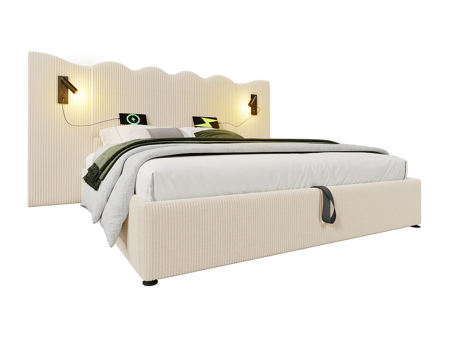 Łóżko tapicerowane dwuosobowe ze schowkiem - 180 x 200 cm - z lampką do czytania + portem USB + stelażem - aksamit - beż