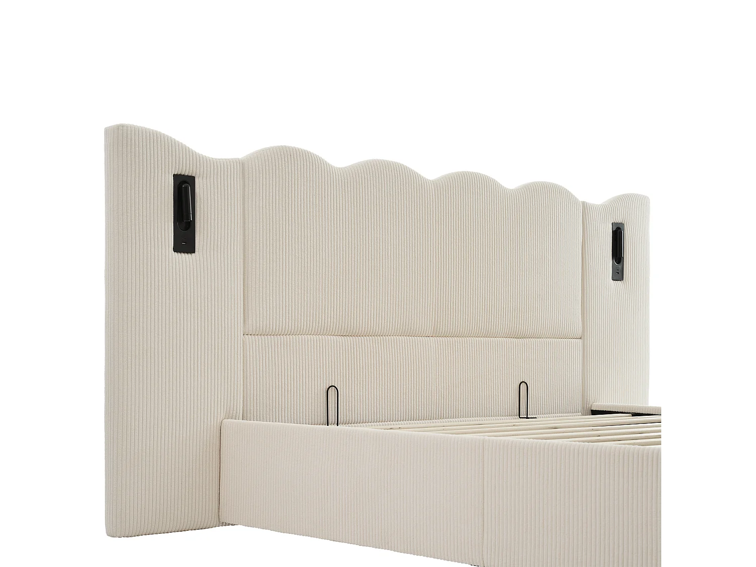 Łóżko tapicerowane dwuosobowe ze schowkiem - 180 x 200 cm - z lampką do czytania + portem USB + stelażem - aksamit - beż