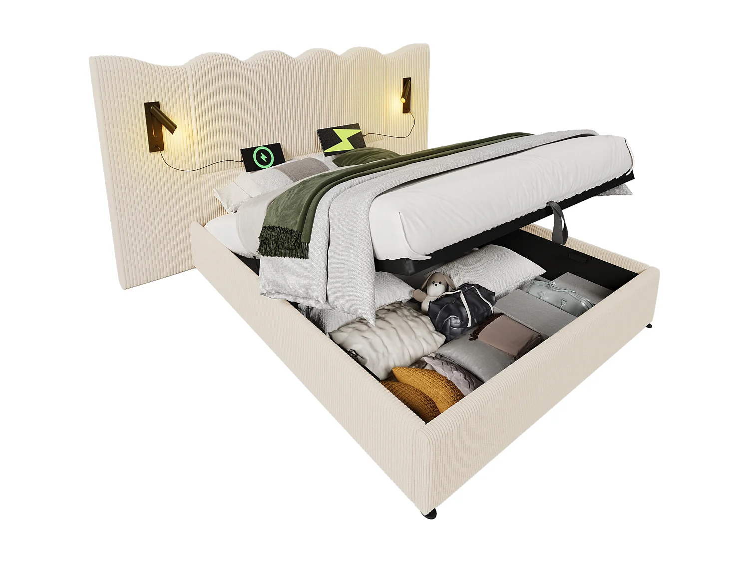 Łóżko tapicerowane dwuosobowe ze schowkiem - 180 x 200 cm - z lampką do czytania + portem USB + stelażem - aksamit - beż
