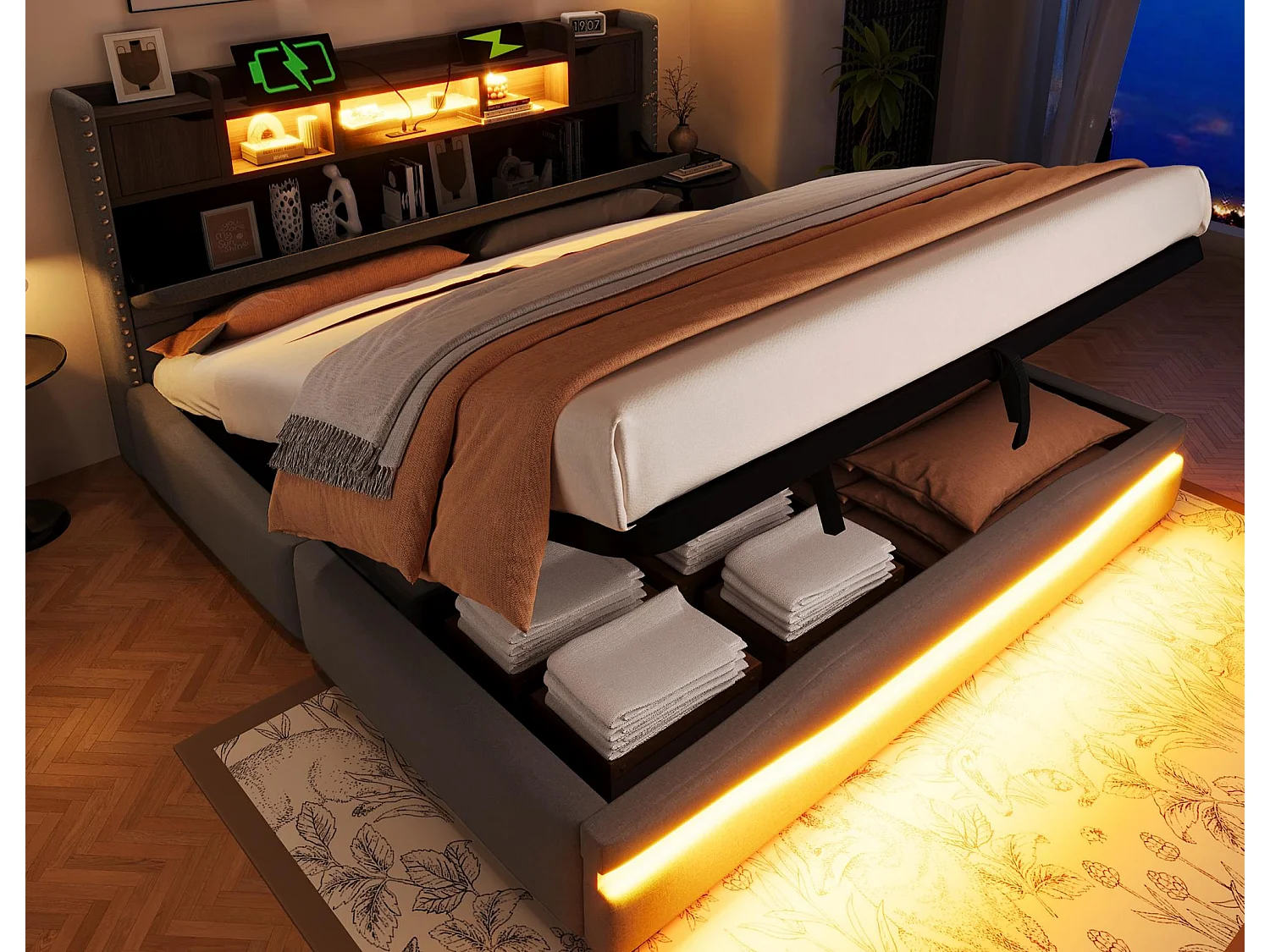 Gestoffeerd opbergbed 180x200 cm - met USB-C oplaadpoort - met LED-licht - grijs​ (zonder matras)