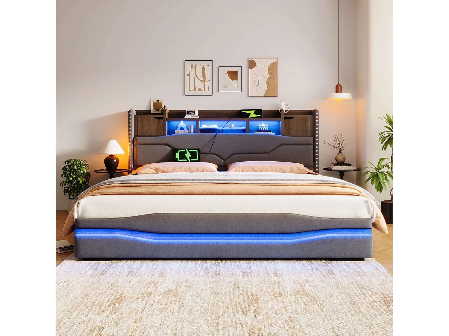 Gestoffeerd opbergbed 180x200 cm - met USB-C oplaadpoort - met LED-licht - grijs​ (zonder matras)