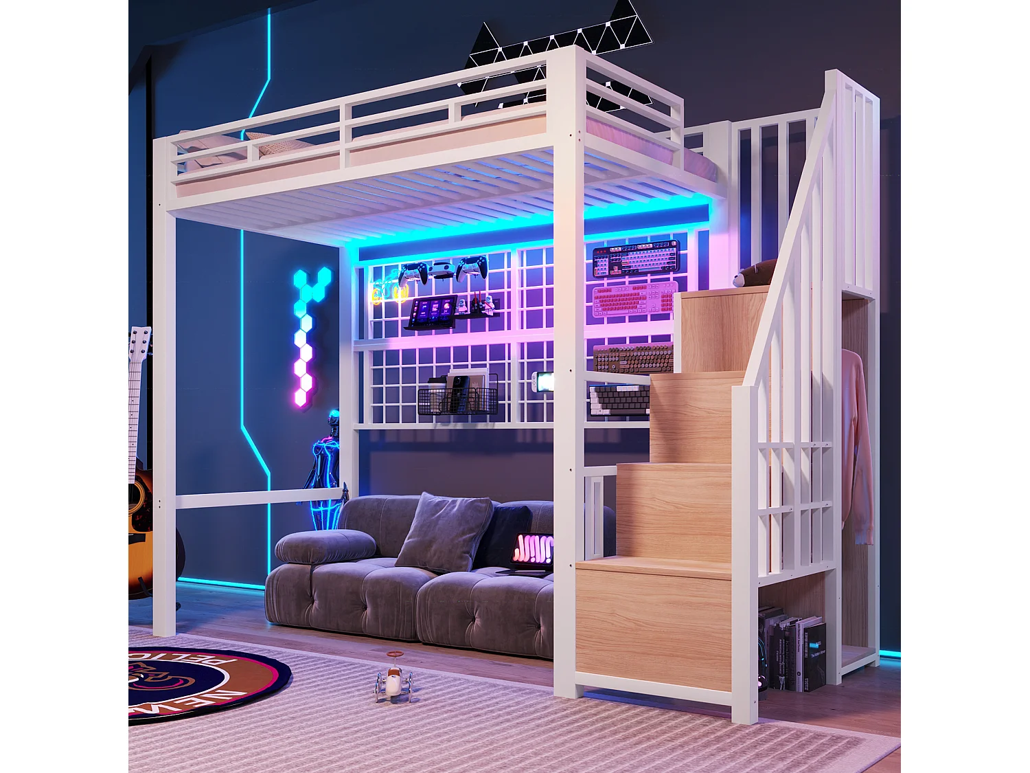 Lit mezzanine 90 x 200 cm - Structure en fer - Avec armoire - Échelle de rangement - Éclairage LED - Blanc (matelas non inclus)