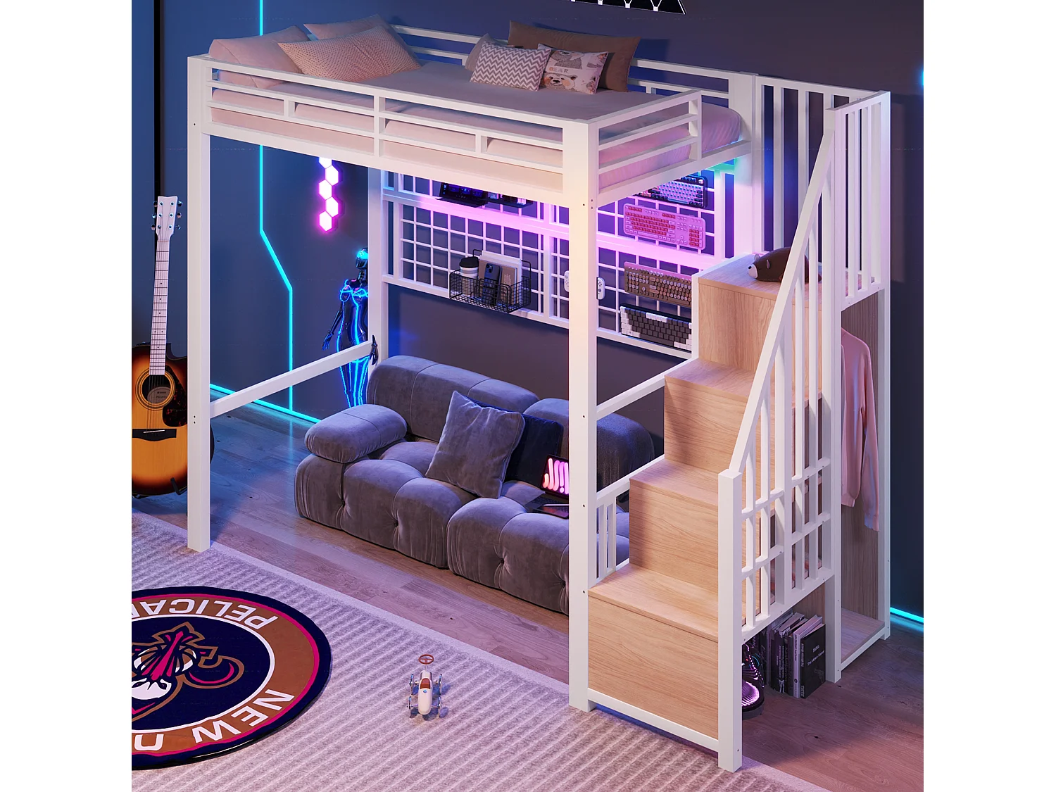 Lit mezzanine 90 x 200 cm - Structure en fer - Avec armoire - Échelle de rangement - Éclairage LED - Blanc (matelas non inclus)