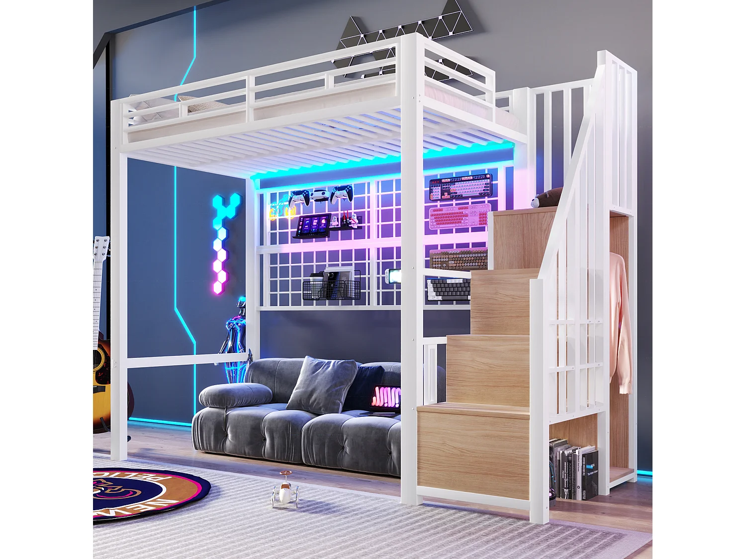 Lit mezzanine 90 x 200 cm - Structure en fer - Avec armoire - Échelle de rangement - Éclairage LED - Blanc (matelas non inclus)