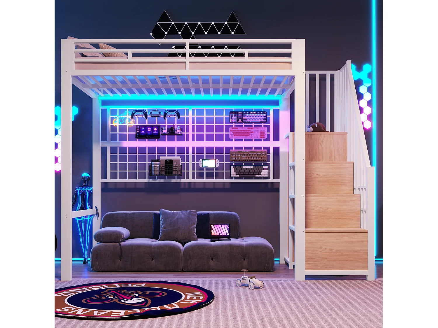 Lit mezzanine 90 x 200 cm - Structure en fer - Avec armoire - Échelle de rangement - Éclairage LED - Blanc (matelas non inclus)