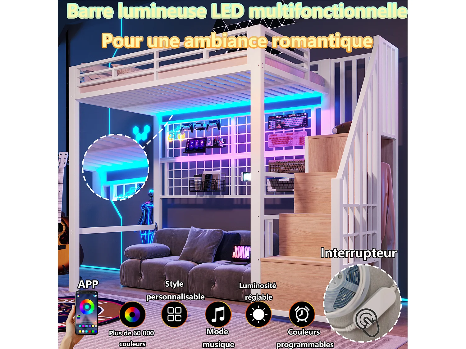 Lit mezzanine 90 x 200 cm - Structure en fer - Avec armoire - Échelle de rangement - Éclairage LED - Blanc (matelas non inclus)