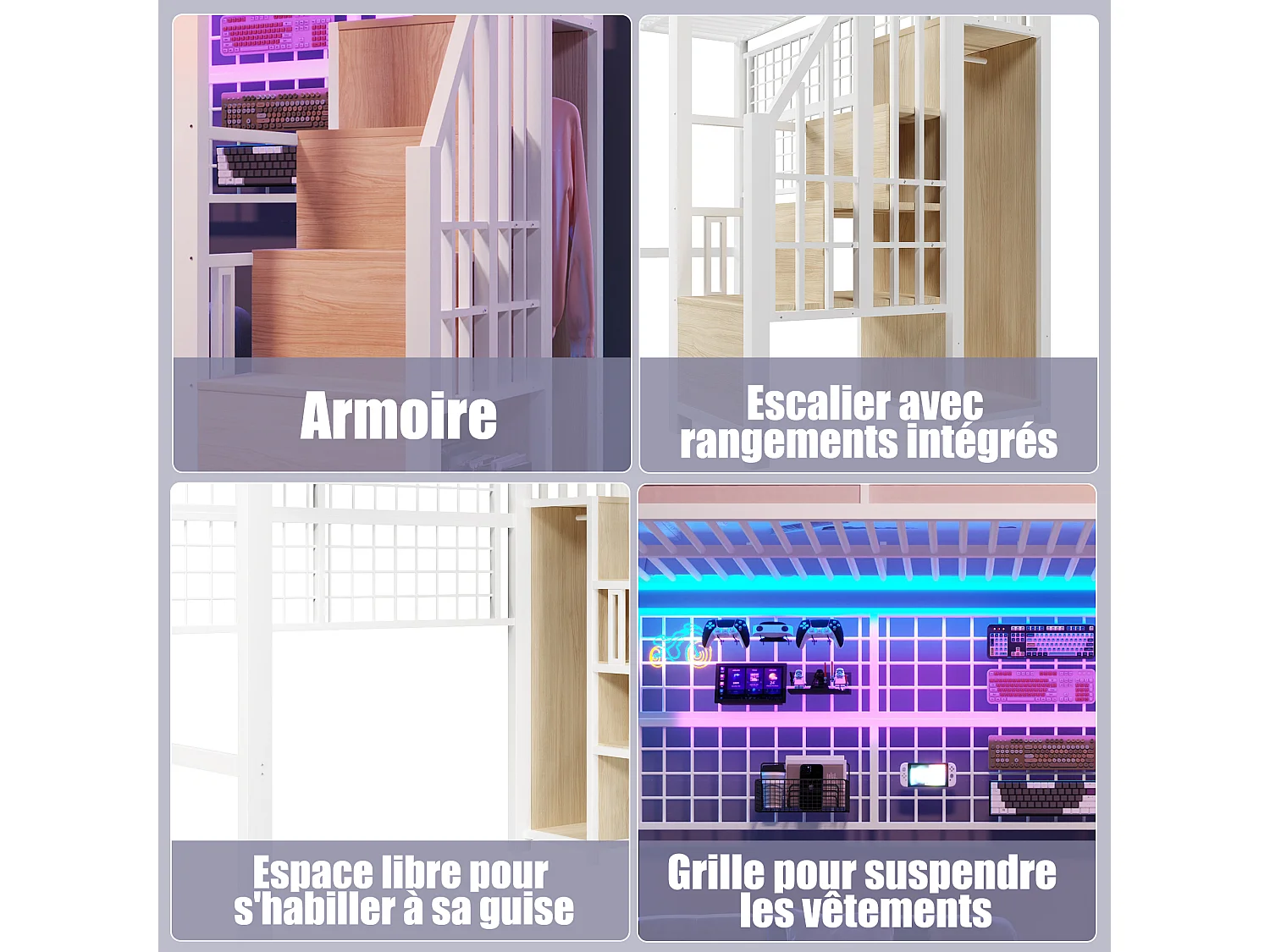 Lit mezzanine 90 x 200 cm - Structure en fer - Avec armoire - Échelle de rangement - Éclairage LED - Blanc (matelas non inclus)