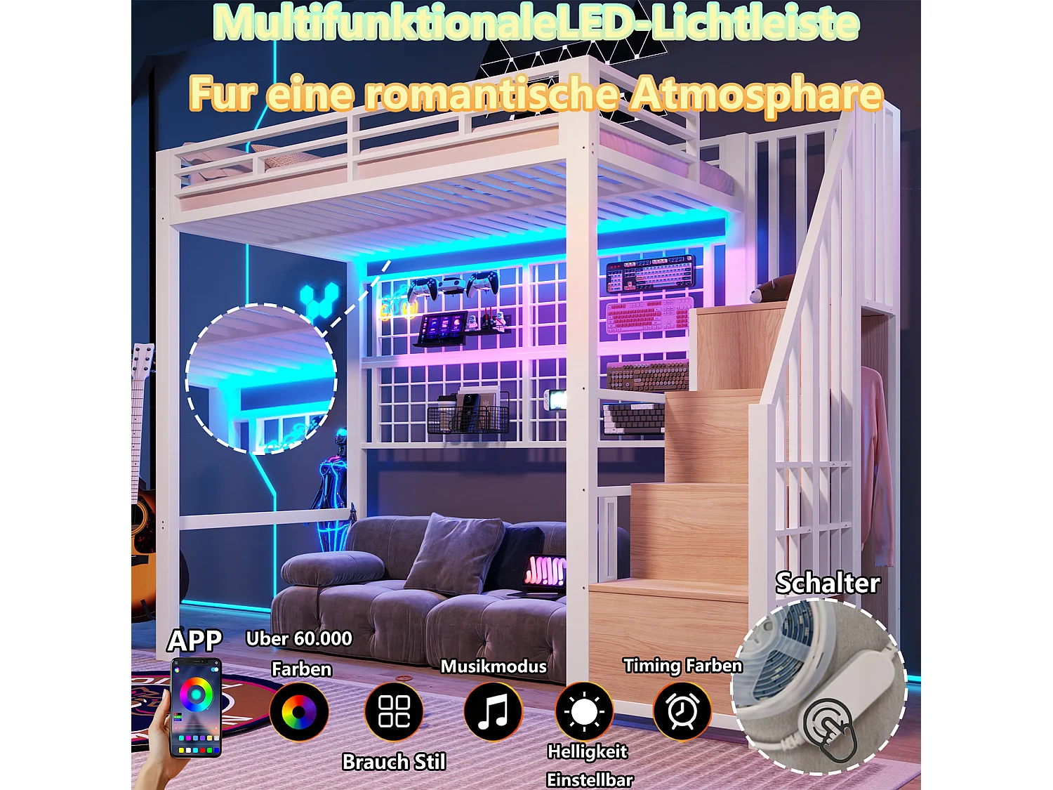 Lit mezzanine 90 x 200 cm - Structure en fer - Avec armoire - Échelle de rangement - Éclairage LED - Blanc (matelas non inclus)