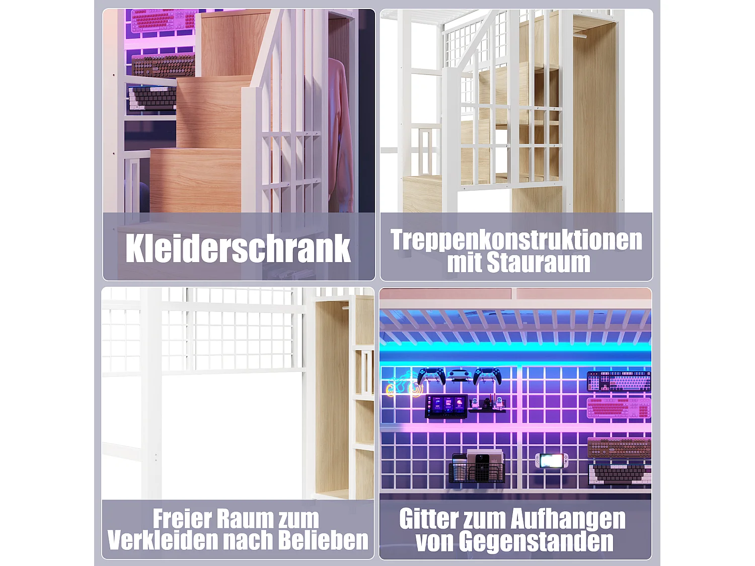 Lit mezzanine 90 x 200 cm - Structure en fer - Avec armoire - Échelle de rangement - Éclairage LED - Blanc (matelas non inclus)