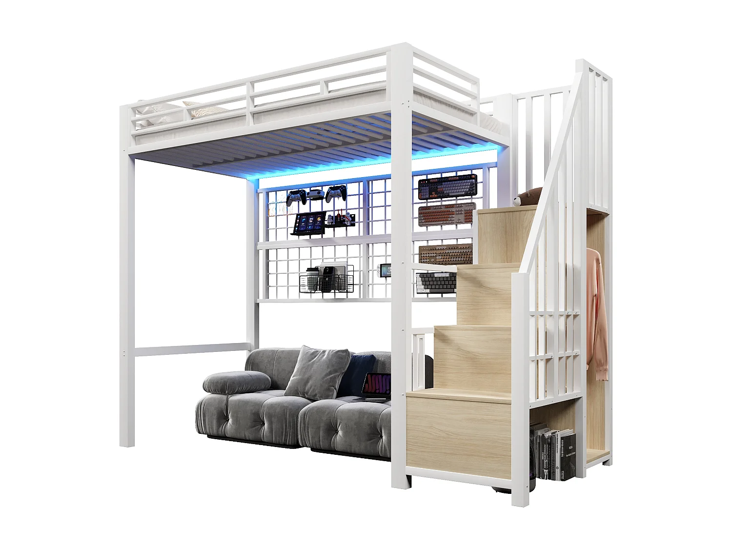 Lit mezzanine 90 x 200 cm - Structure en fer - Avec armoire - Échelle de rangement - Éclairage LED - Blanc (matelas non inclus)