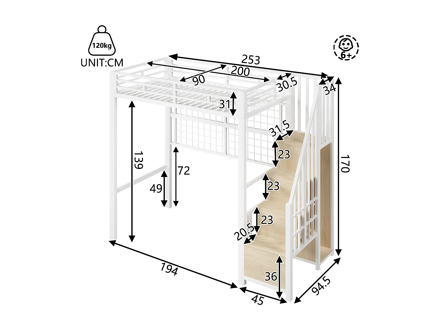 Lit mezzanine 90 x 200 cm - Structure en fer - Avec armoire - Échelle de rangement - Éclairage LED - Blanc (matelas non inclus)