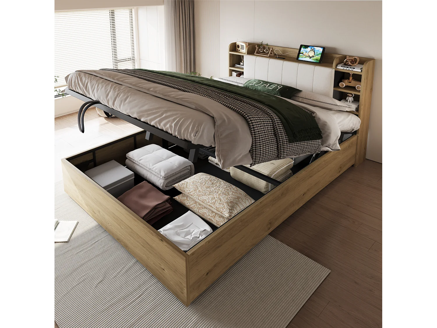 Lit coffre double - 180 x 200 cm - avec rangement hydraulique + tête de lit + USB - MDF - naturel