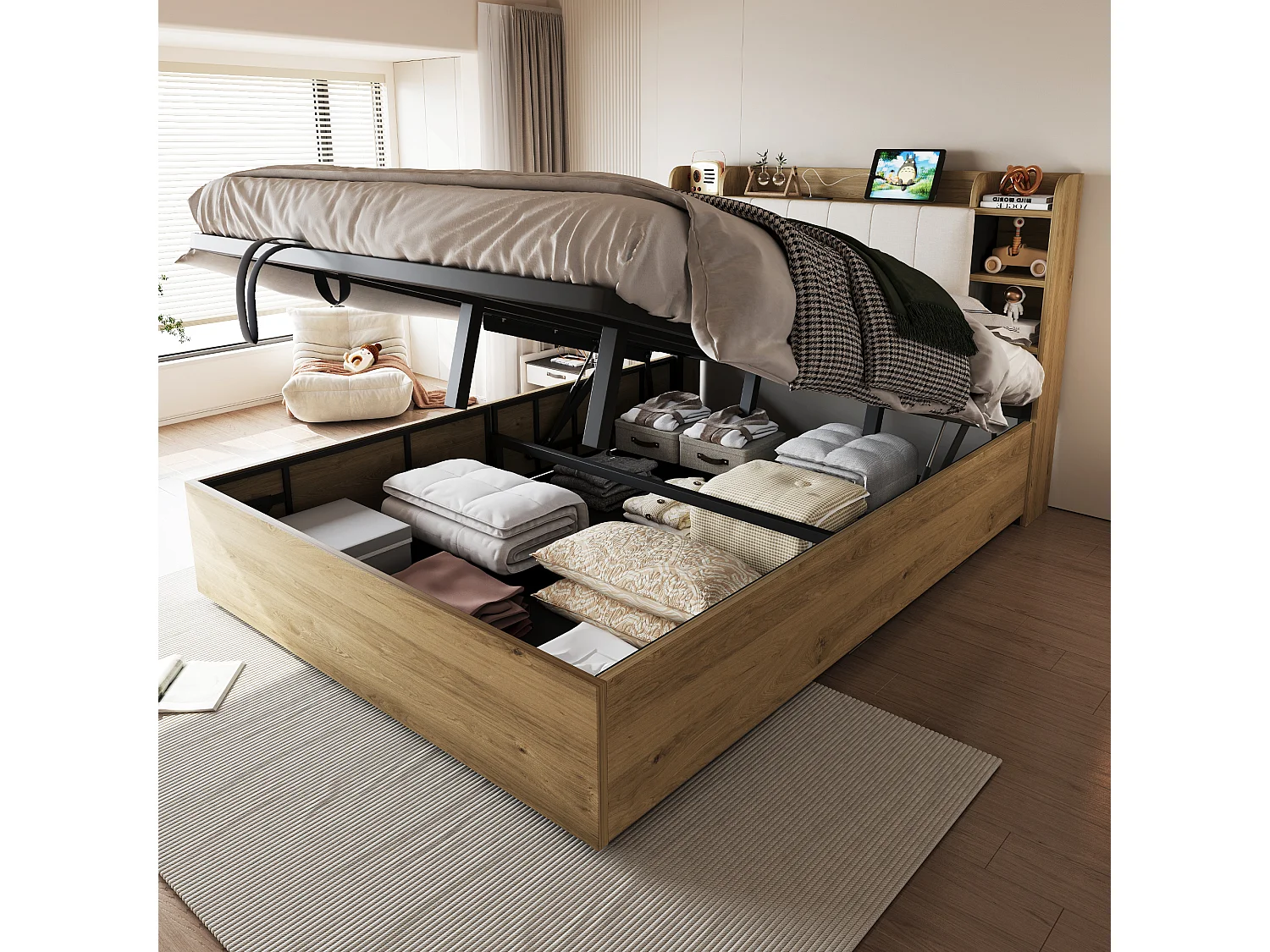 Lit coffre double - 180 x 200 cm - avec rangement hydraulique + tête de lit + USB - MDF - naturel