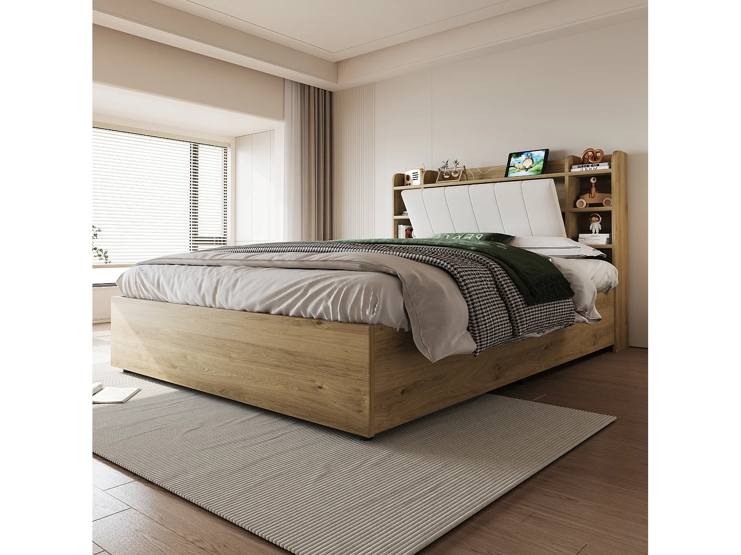 Lit coffre double - 180 x 200 cm - avec rangement hydraulique + tête de lit + USB - MDF - naturel