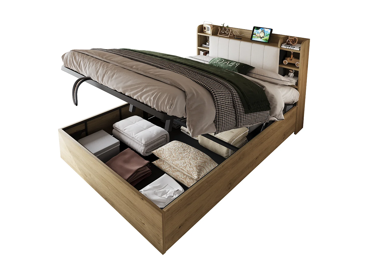 Lit coffre double - 180 x 200 cm - avec rangement hydraulique + tête de lit + USB - MDF - naturel