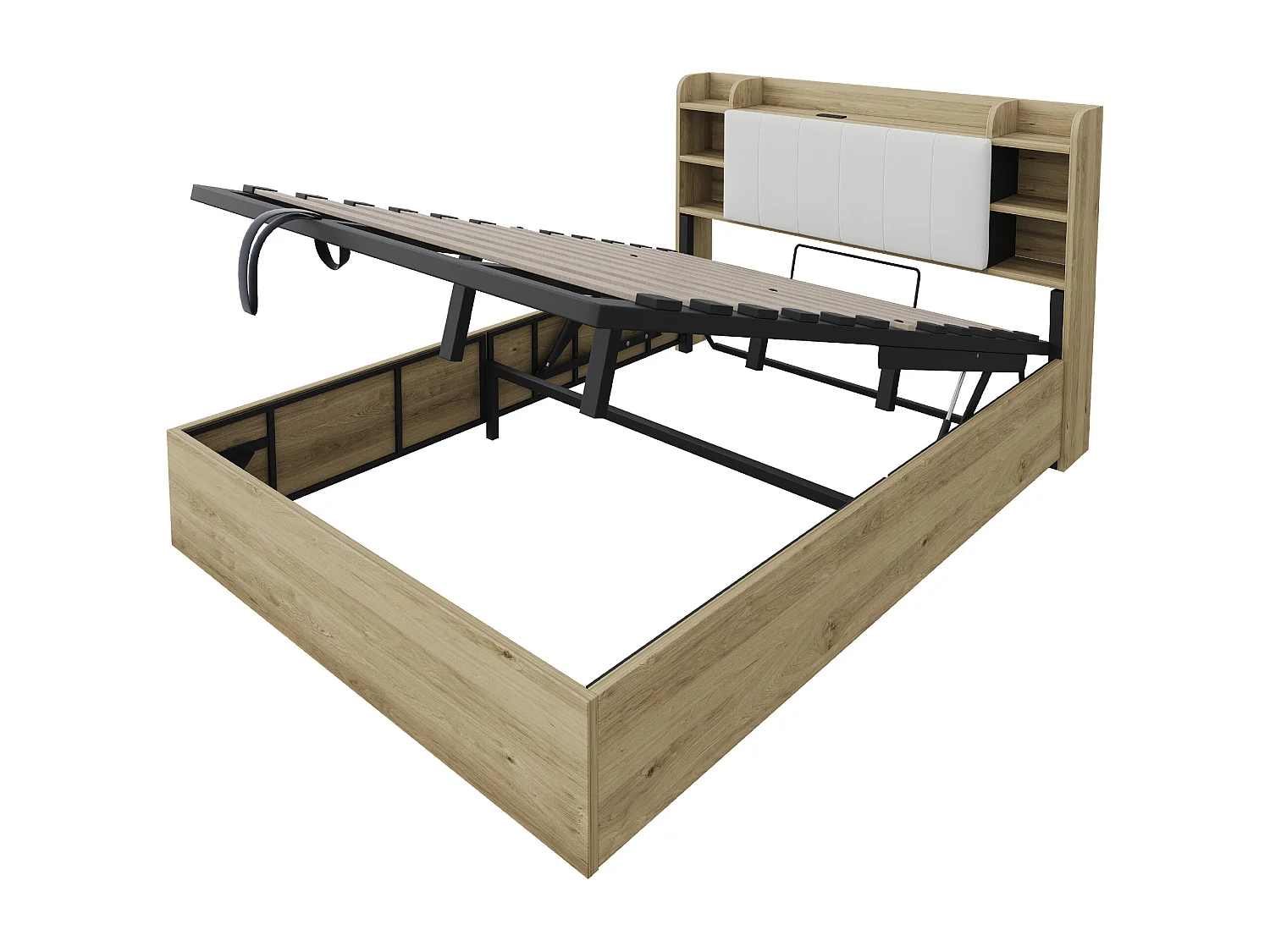 Lit coffre double - 180 x 200 cm - avec rangement hydraulique + tête de lit + USB - MDF - naturel
