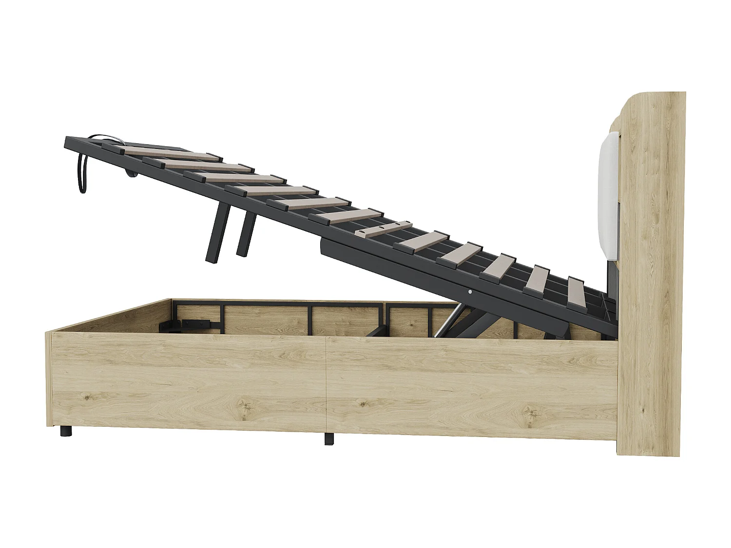 Lit coffre double - 180 x 200 cm - avec rangement hydraulique + tête de lit + USB - MDF - naturel