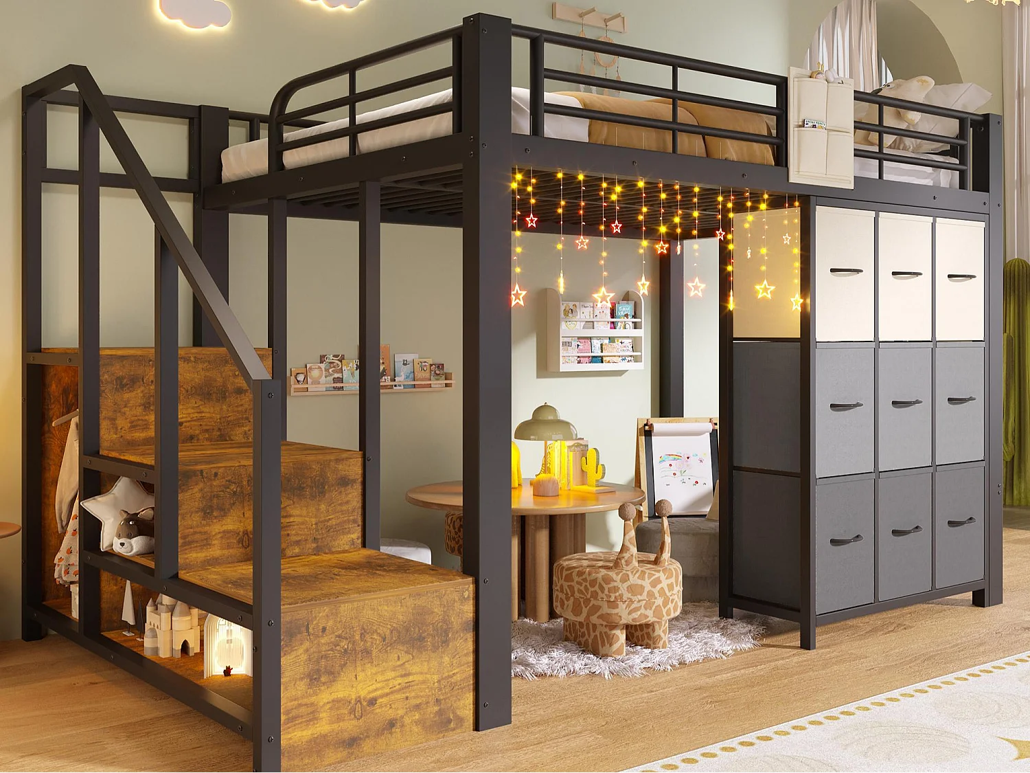 Lit mezzanine 140×200 cm - Métal - Avec tiroirs - Avec penderie - Avec escalier de rangement - Noir (matelas non inclus)