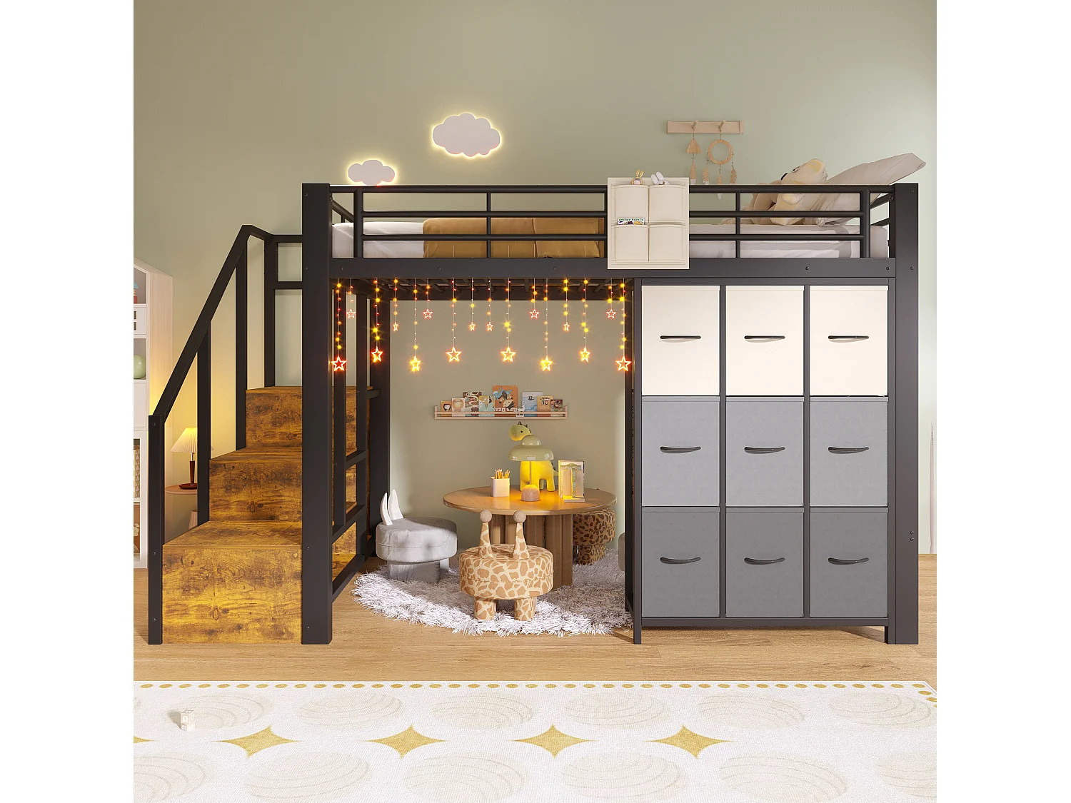 Lit mezzanine 140×200 cm - Métal - Avec tiroirs - Avec penderie - Avec escalier de rangement - Noir (matelas non inclus)