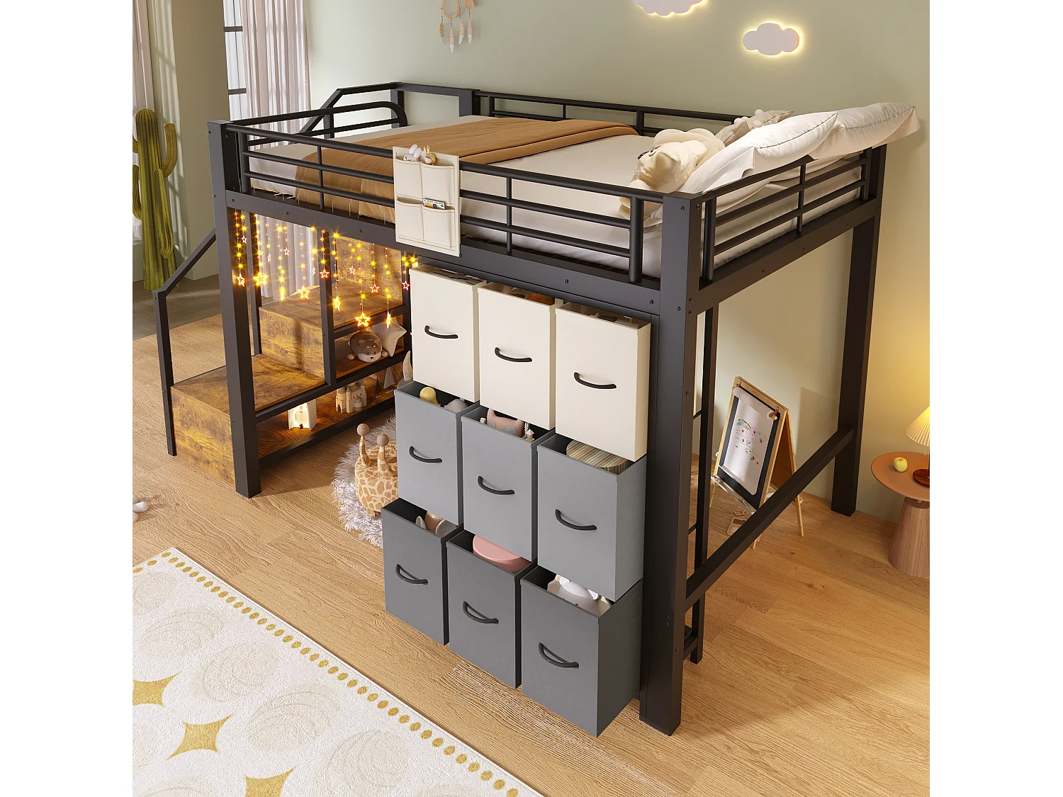 Lit mezzanine 140×200 cm - Métal - Avec tiroirs - Avec penderie - Avec escalier de rangement - Noir (matelas non inclus)