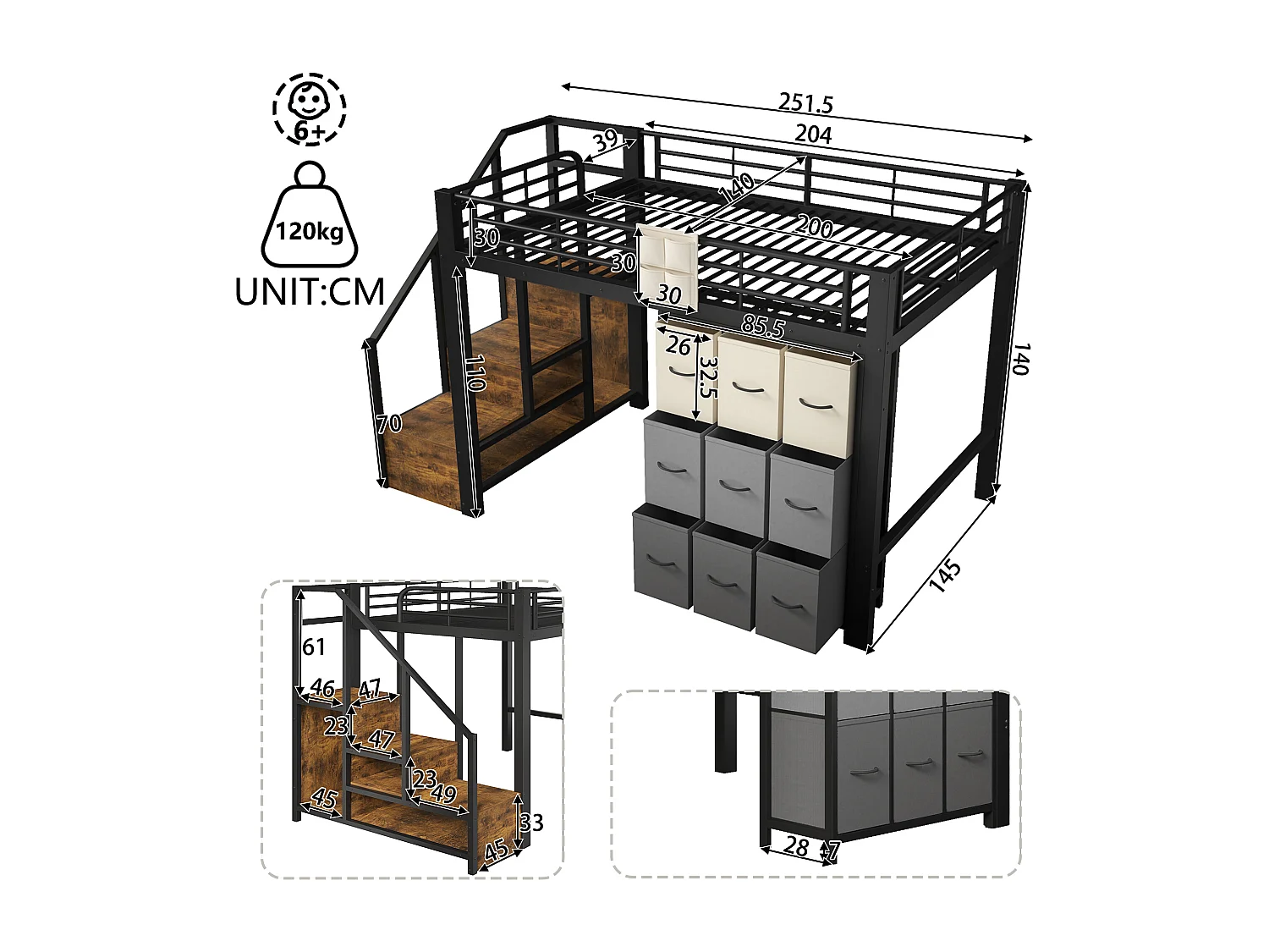 Lit mezzanine 140×200 cm - Métal - Avec tiroirs - Avec penderie - Avec escalier de rangement - Noir (matelas non inclus)