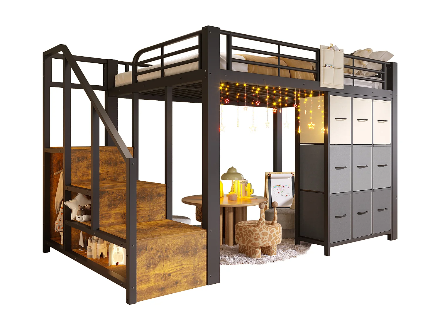 Lit mezzanine 140×200 cm - Métal - Avec tiroirs - Avec penderie - Avec escalier de rangement - Noir (matelas non inclus)