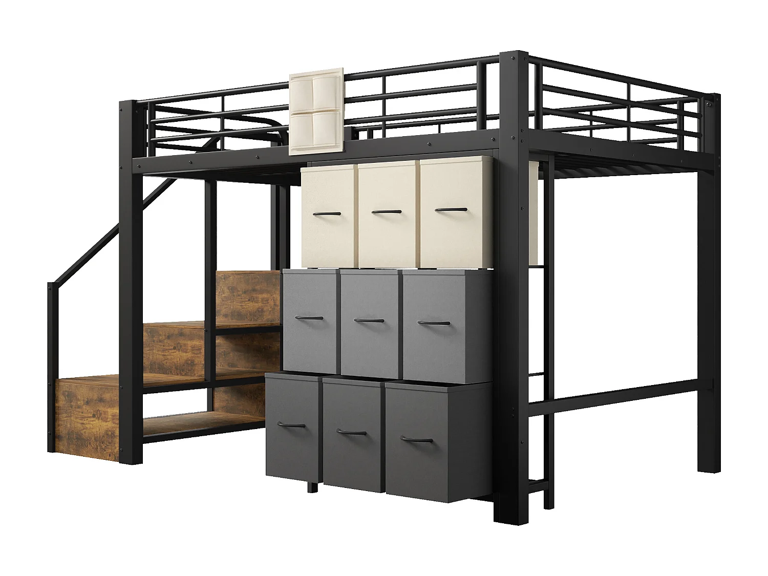 Lit mezzanine 140×200 cm - Métal - Avec tiroirs - Avec penderie - Avec escalier de rangement - Noir (matelas non inclus)