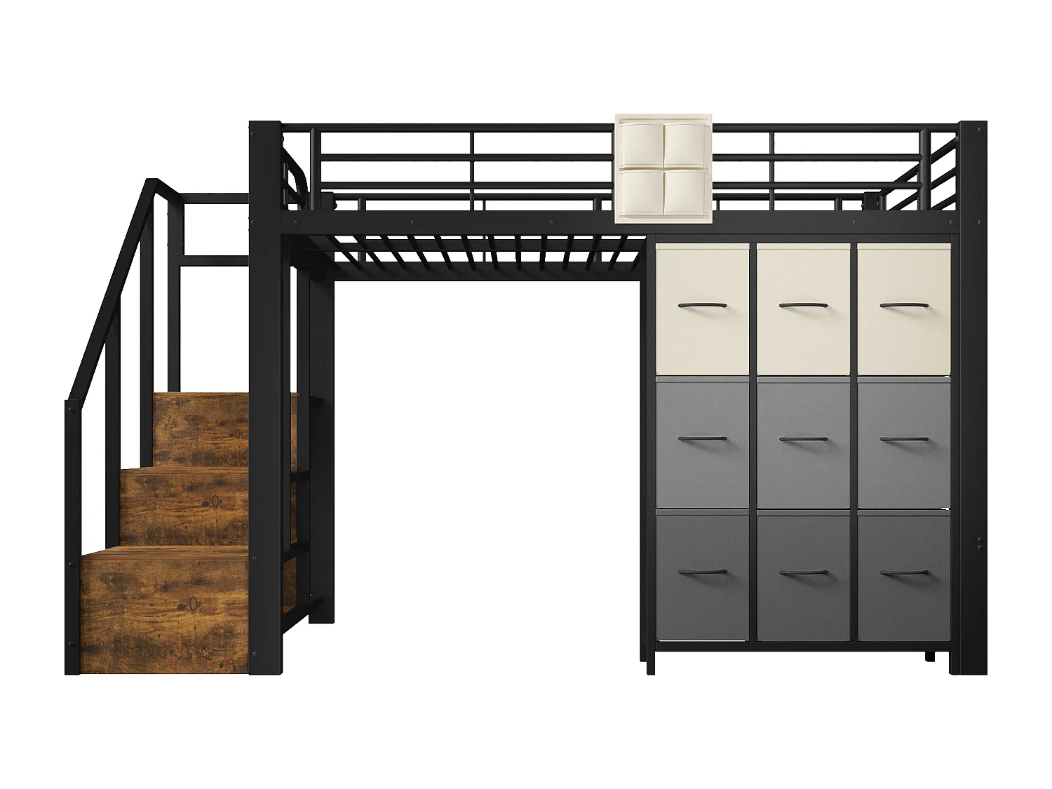 Lit mezzanine 140×200 cm - Métal - Avec tiroirs - Avec penderie - Avec escalier de rangement - Noir (matelas non inclus)