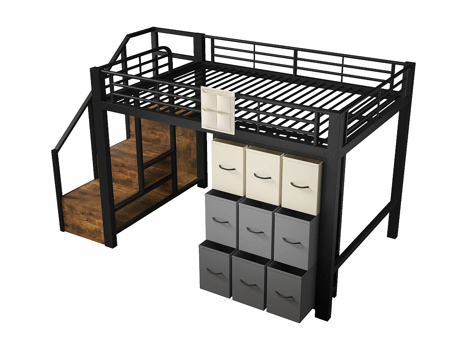 Lit mezzanine 140×200 cm - Métal - Avec tiroirs - Avec penderie - Avec escalier de rangement - Noir (matelas non inclus)