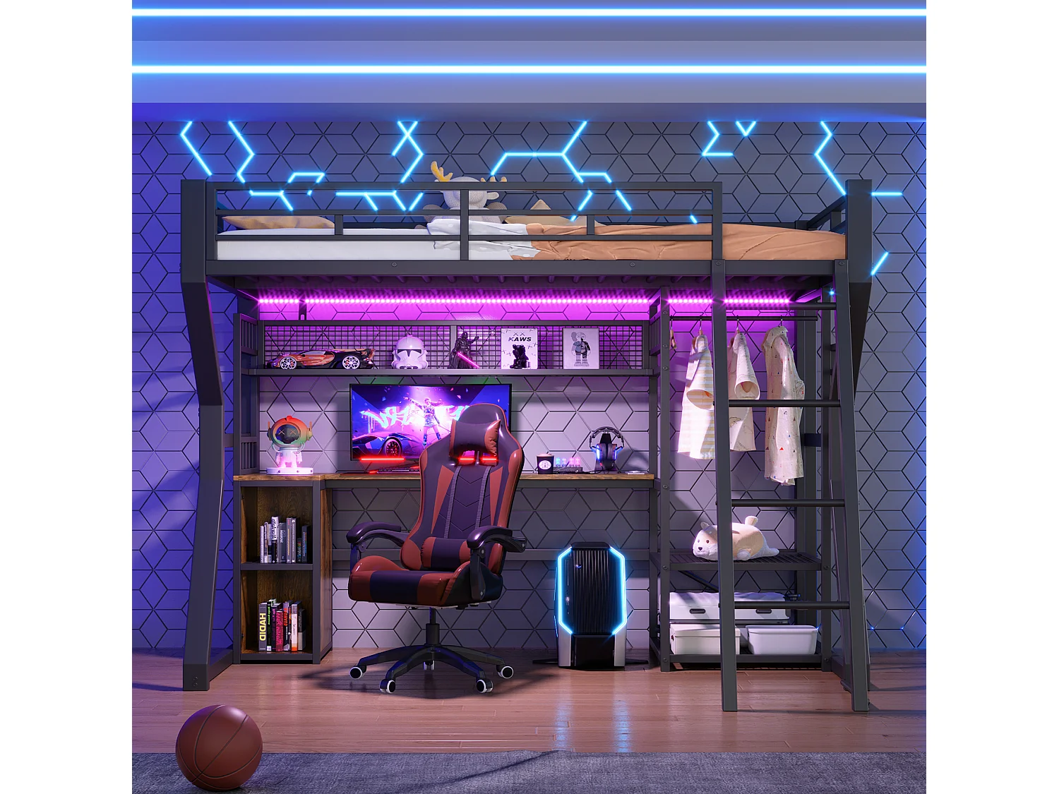 Lit mezzanine pour enfant - 90 x 200 cm - structure en fer - avec Leds + bureau + rangements + étagères - MDF + métal - noir
