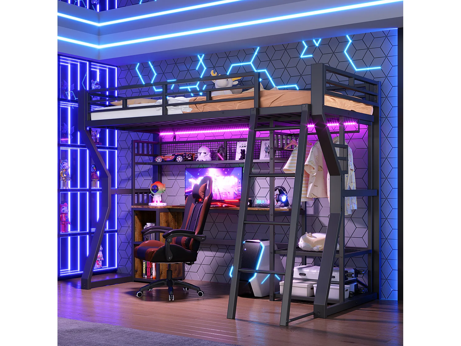 Lit mezzanine pour enfant - 90 x 200 cm - structure en fer - avec Leds + bureau + rangements + étagères - MDF + métal - noir