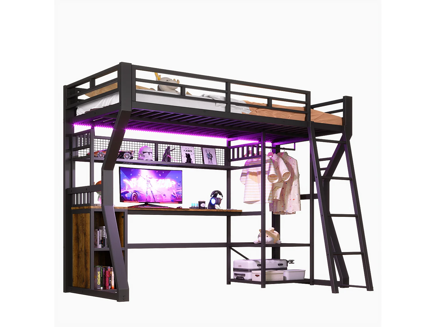 Lit mezzanine pour enfant - 90 x 200 cm - structure en fer - avec Leds + bureau + rangements + étagères - MDF + métal - noir