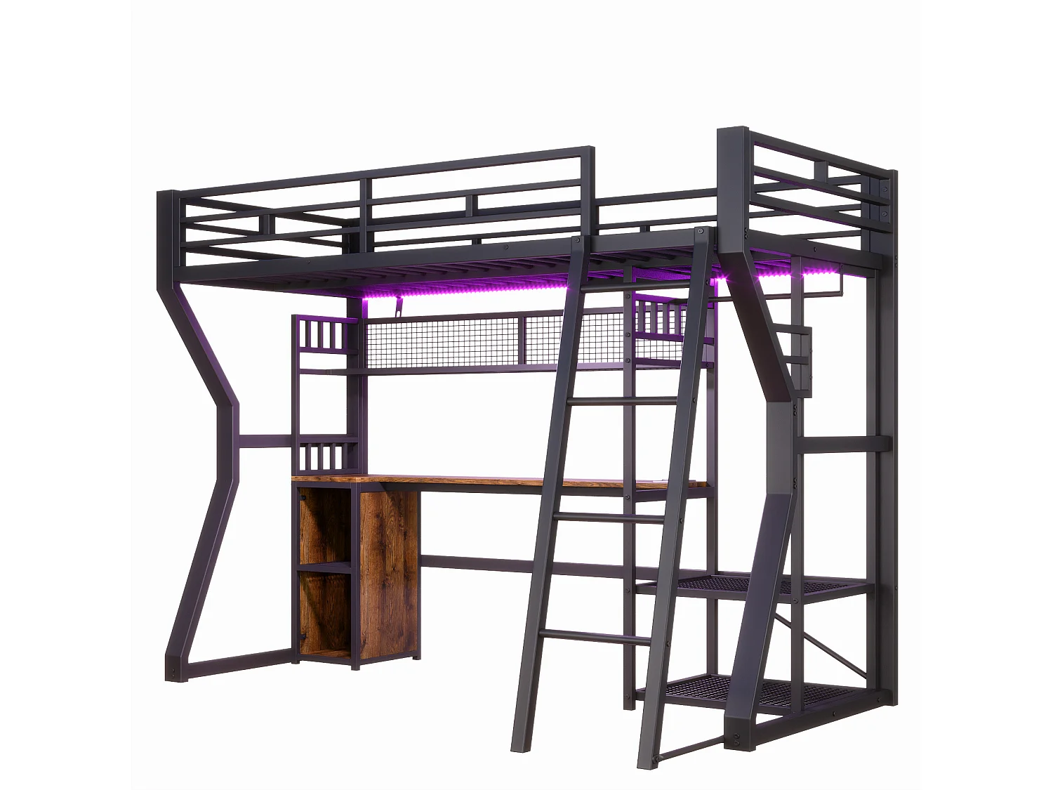 Lit mezzanine pour enfant - 90 x 200 cm - structure en fer - avec Leds + bureau + rangements + étagères - MDF + métal - noir