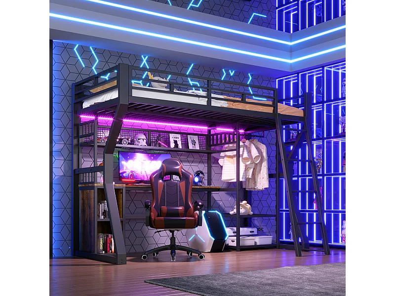 Kinderhoogslaper - 90 x 200 cm - ijzeren frame - met LED-verlichting + bureau + opbergruimte + planken - MDF + metaal - zwart