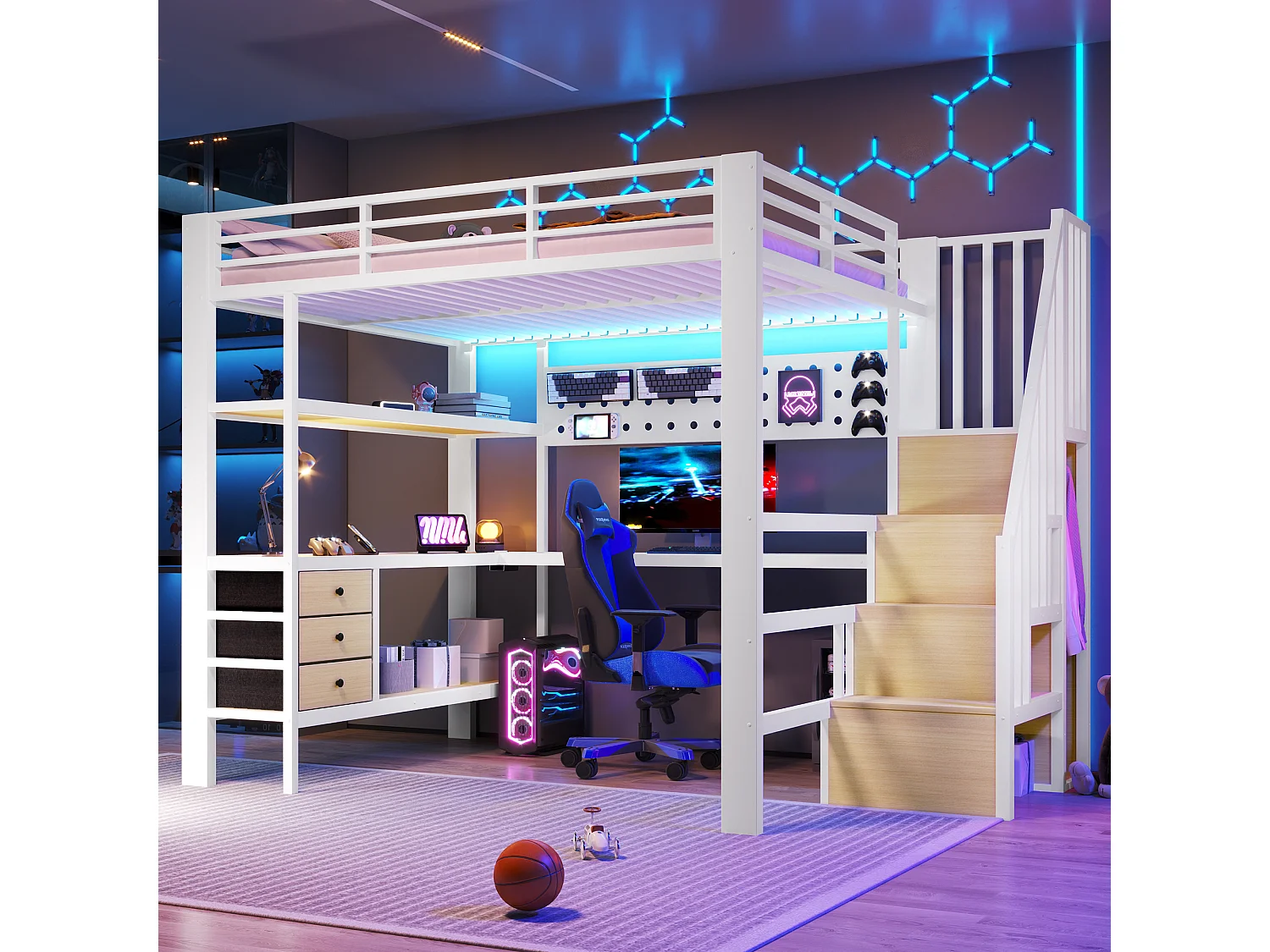 Lit mezzanine 140 x 200 cm - Structure en métal - 3 tiroirs - Table intégrée - Prise électrique - Éclairage LED - blanc (matelas non inclus)