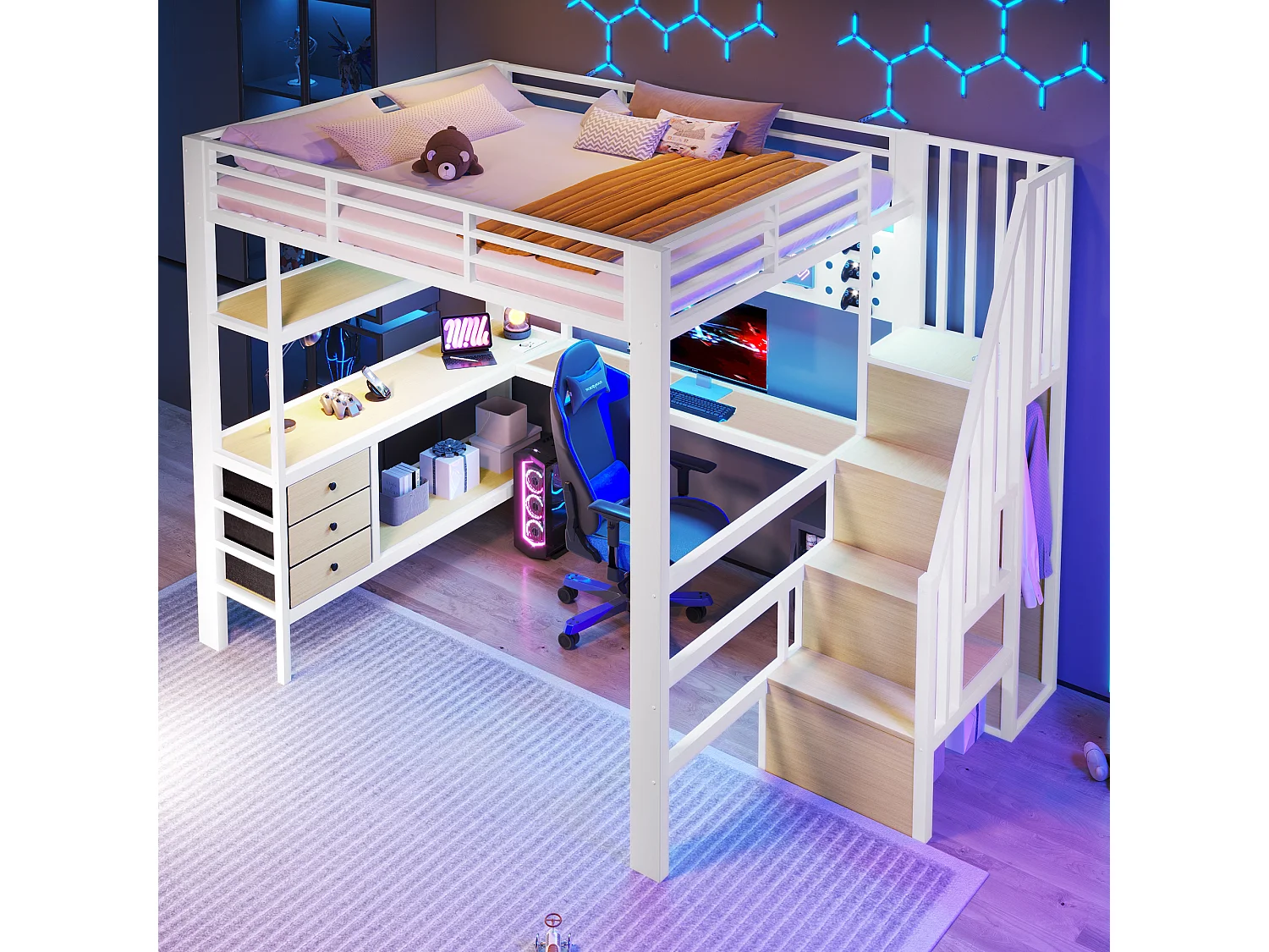 Lit mezzanine 140 x 200 cm - Structure en métal - 3 tiroirs - Table intégrée - Prise électrique - Éclairage LED - blanc (matelas non inclus)