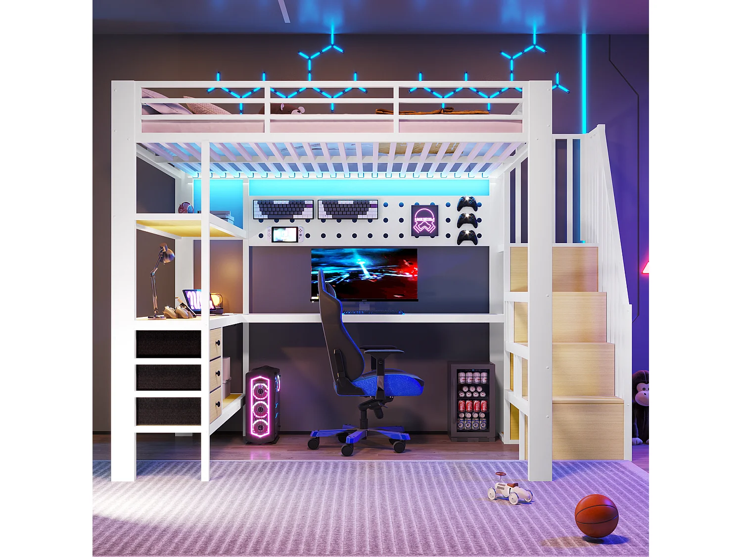 Lit mezzanine 140 x 200 cm - Structure en métal - 3 tiroirs - Table intégrée - Prise électrique - Éclairage LED - blanc (matelas non inclus)