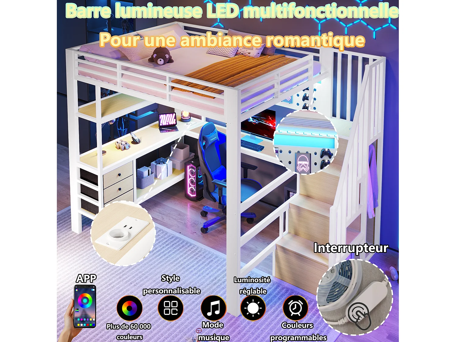 Lit mezzanine 140 x 200 cm - Structure en métal - 3 tiroirs - Table intégrée - Prise électrique - Éclairage LED - blanc (matelas non inclus)