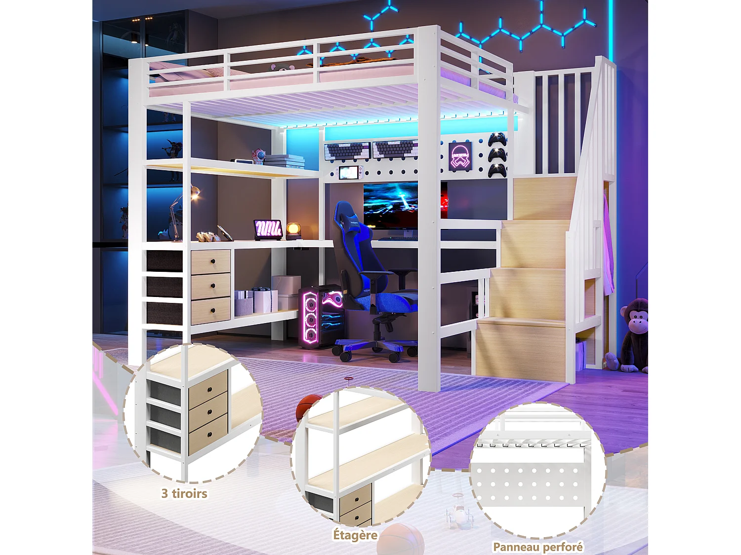 Lit mezzanine 140 x 200 cm - Structure en métal - 3 tiroirs - Table intégrée - Prise électrique - Éclairage LED - blanc (matelas non inclus)