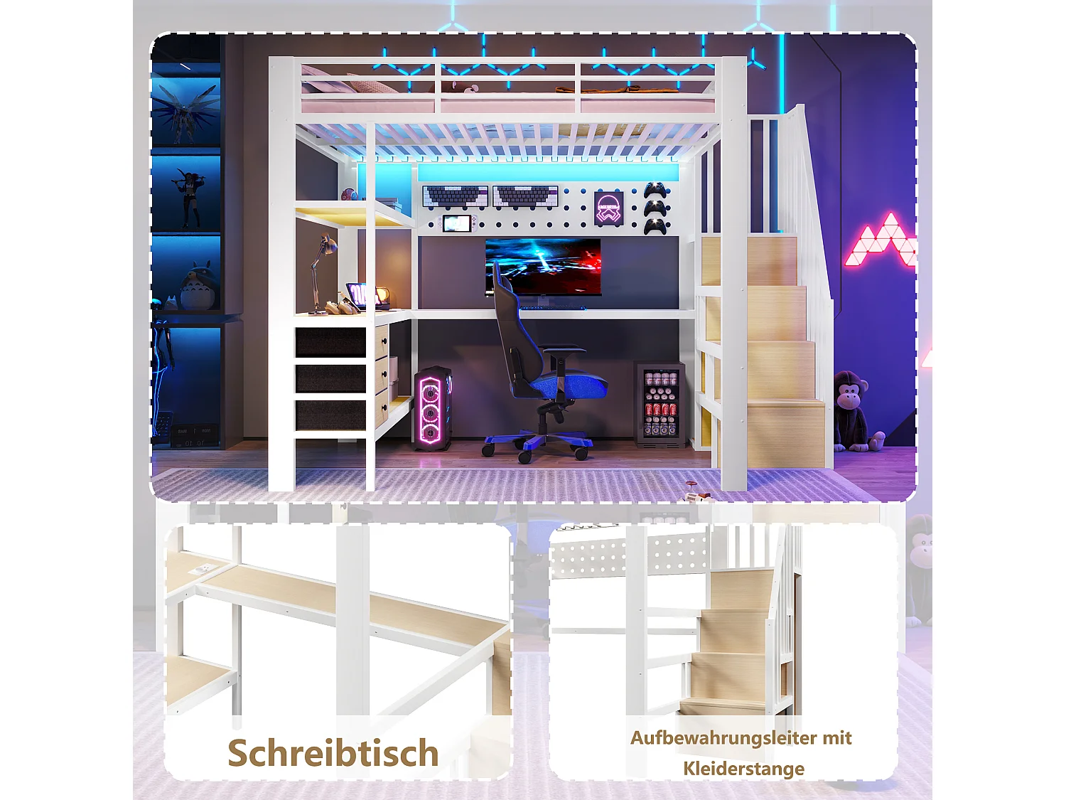 Lit mezzanine 140 x 200 cm - Structure en métal - 3 tiroirs - Table intégrée - Prise électrique - Éclairage LED - blanc (matelas non inclus)