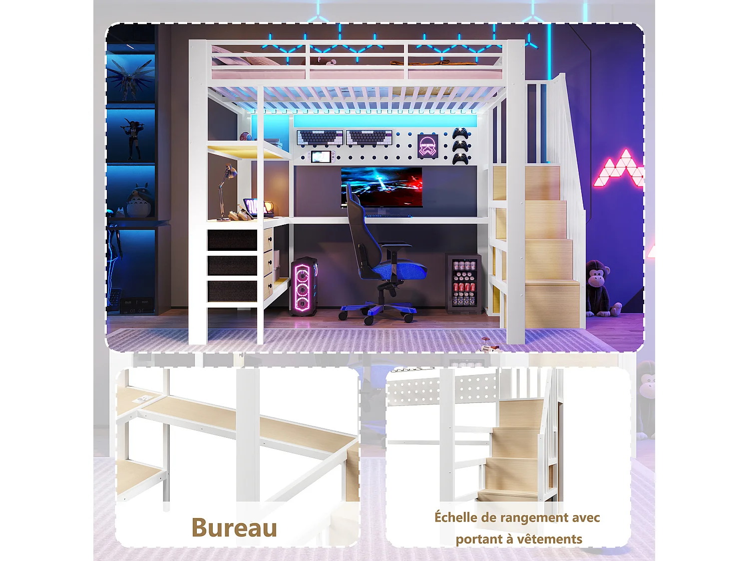 Lit mezzanine 140 x 200 cm - Structure en métal - 3 tiroirs - Table intégrée - Prise électrique - Éclairage LED - blanc (matelas non inclus)