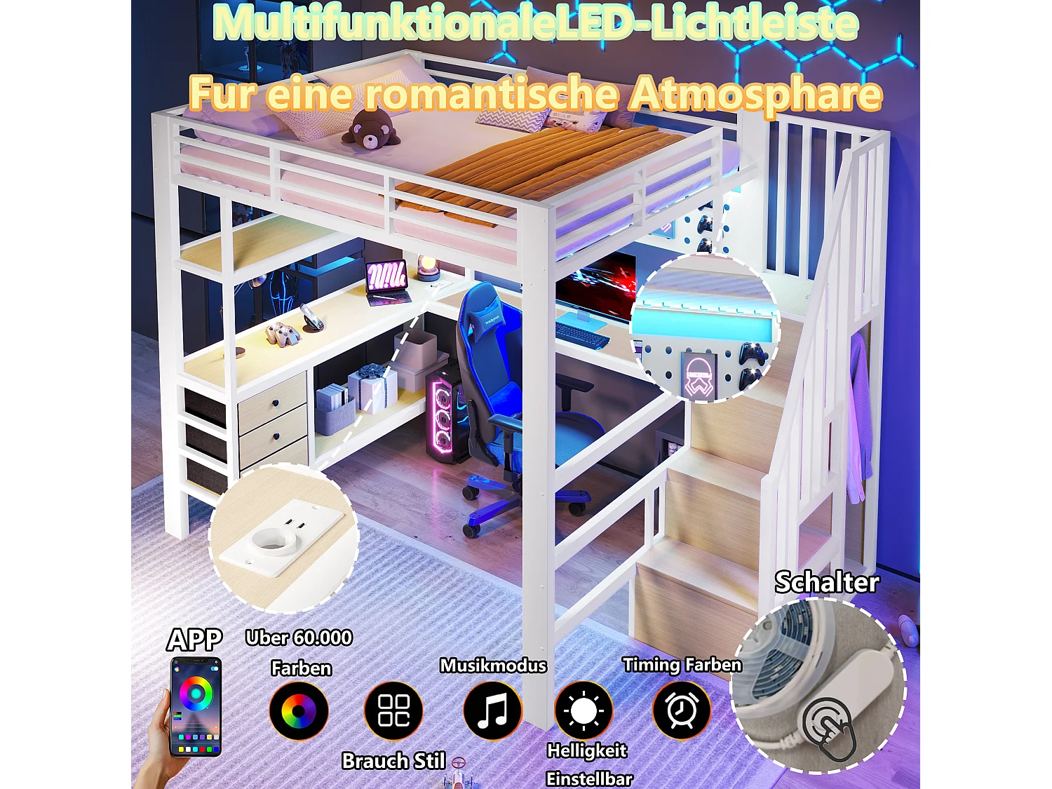 Lit mezzanine 140 x 200 cm - Structure en métal - 3 tiroirs - Table intégrée - Prise électrique - Éclairage LED - blanc (matelas non inclus)