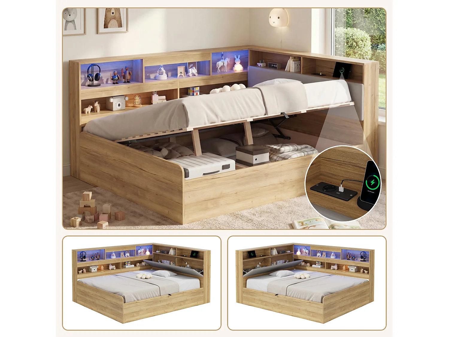 Hydraulisches Kinderbett mit Stauraum – 140 x 200 cm – mit USB-Anschluss, LED-Beleuchtung, Ablagefach und Kopfteil – MDF – natur