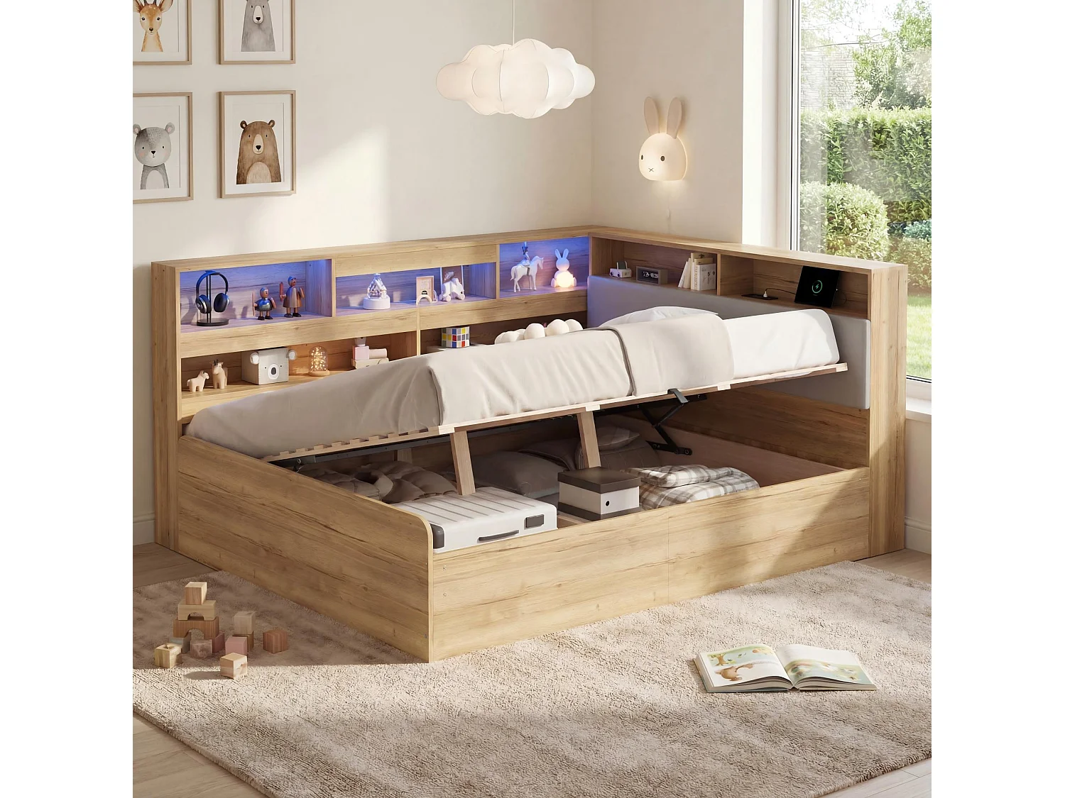 Hydraulisches Kinderbett mit Stauraum – 140 x 200 cm – mit USB-Anschluss, LED-Beleuchtung, Ablagefach und Kopfteil – MDF – natur