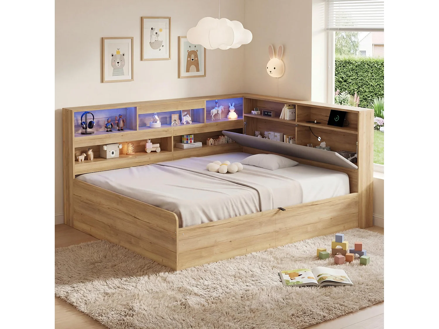 Hydraulisches Kinderbett mit Stauraum – 140 x 200 cm – mit USB-Anschluss, LED-Beleuchtung, Ablagefach und Kopfteil – MDF – natur