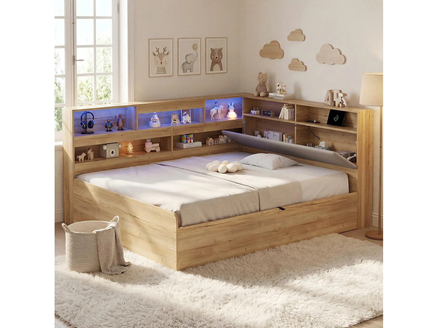 Hydraulisches Kinderbett mit Stauraum – 140 x 200 cm – mit USB-Anschluss, LED-Beleuchtung, Ablagefach und Kopfteil – MDF – natur