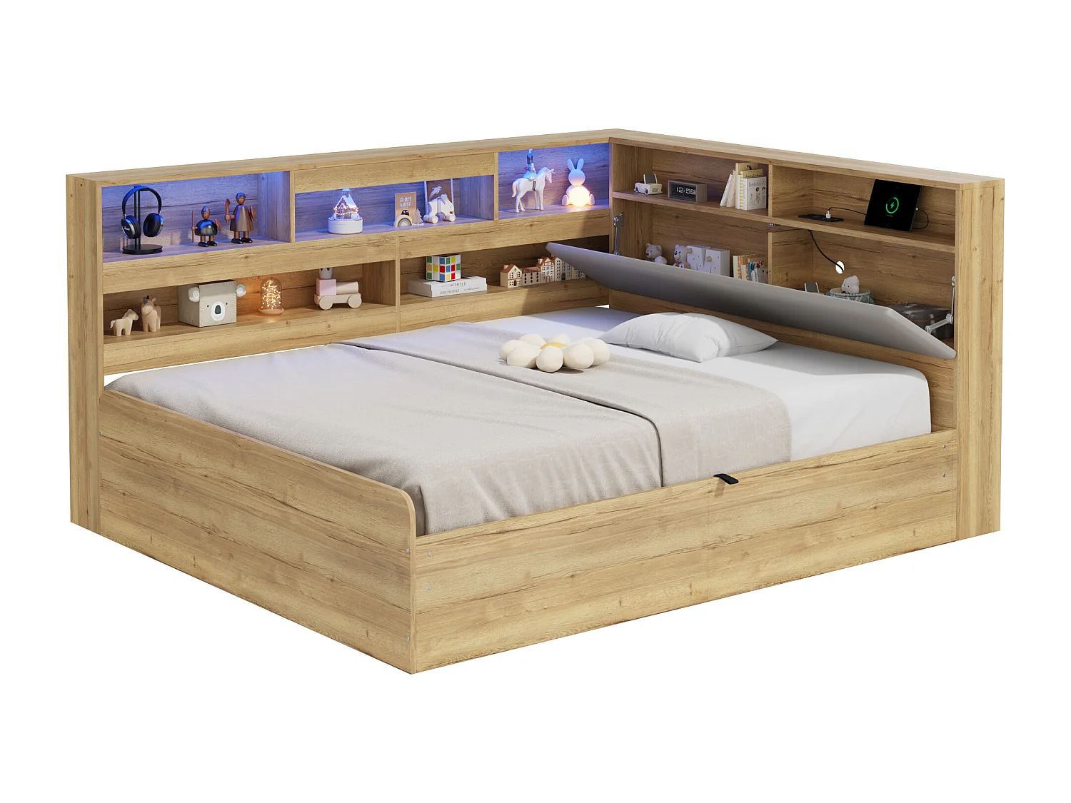 Hydraulisches Kinderbett mit Stauraum – 140 x 200 cm – mit USB-Anschluss, LED-Beleuchtung, Ablagefach und Kopfteil – MDF – natur