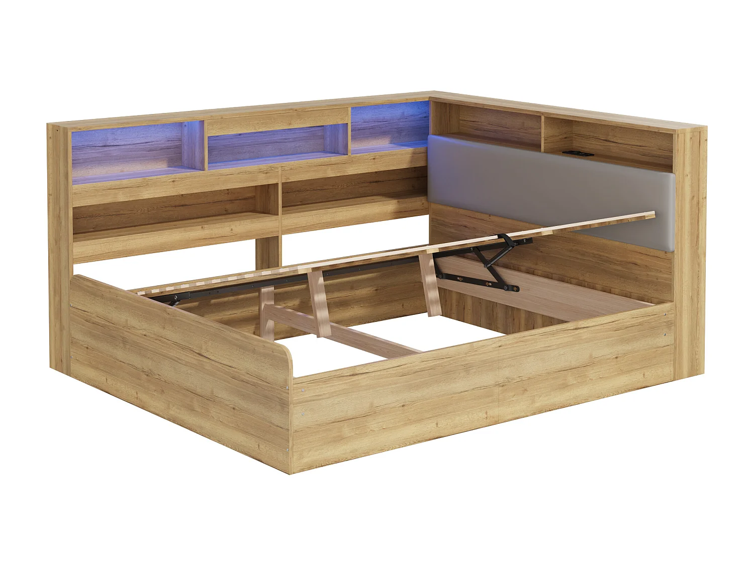 Hydraulisches Kinderbett mit Stauraum – 140 x 200 cm – mit USB-Anschluss, LED-Beleuchtung, Ablagefach und Kopfteil – MDF – natur